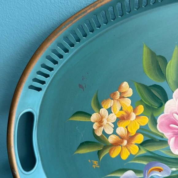Vintage Turquoise Toleware Pilgrim Art Oval Tray 155 Reticulated Hand Painted - Picture 2 of 10